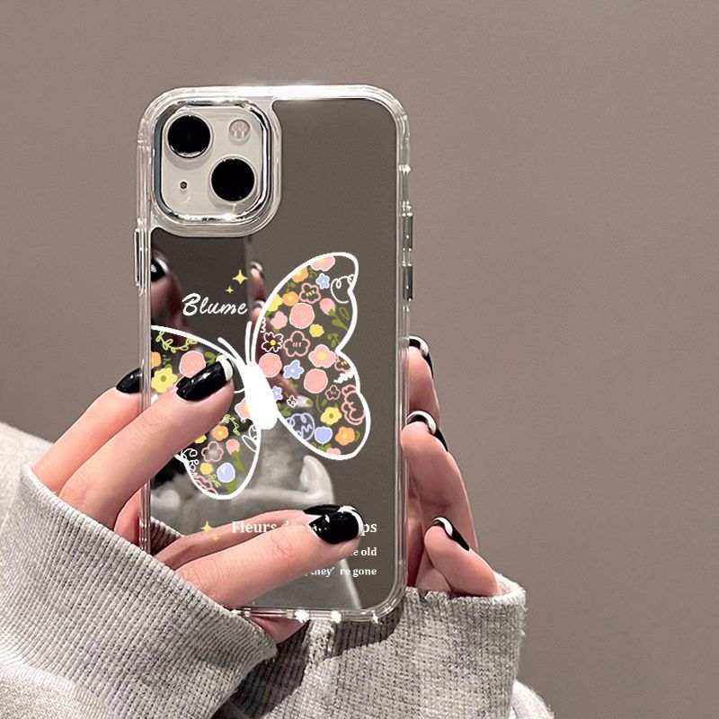Зеркальный чехол с рисунком цветка и бабочки для мобильного телефона iPhone17promax 15/14 Apple 16 гальваническая кнопка 13