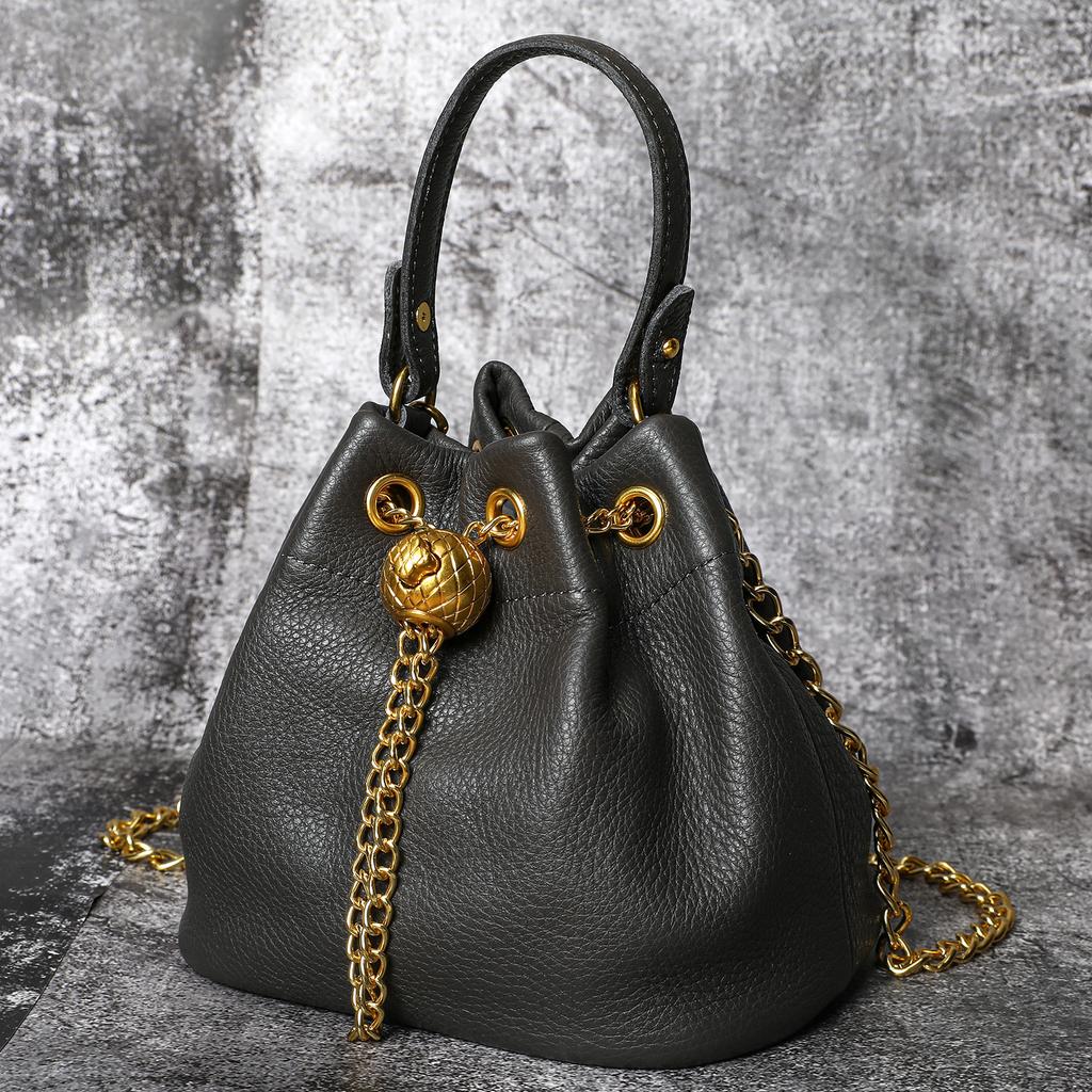 2026 Популярная Винтажная Модная Сумка на Цепочке Женская Натуральная Кожа Многофункциональная Сумка-Ведро Компактная Стильная Сумка через Плечо
