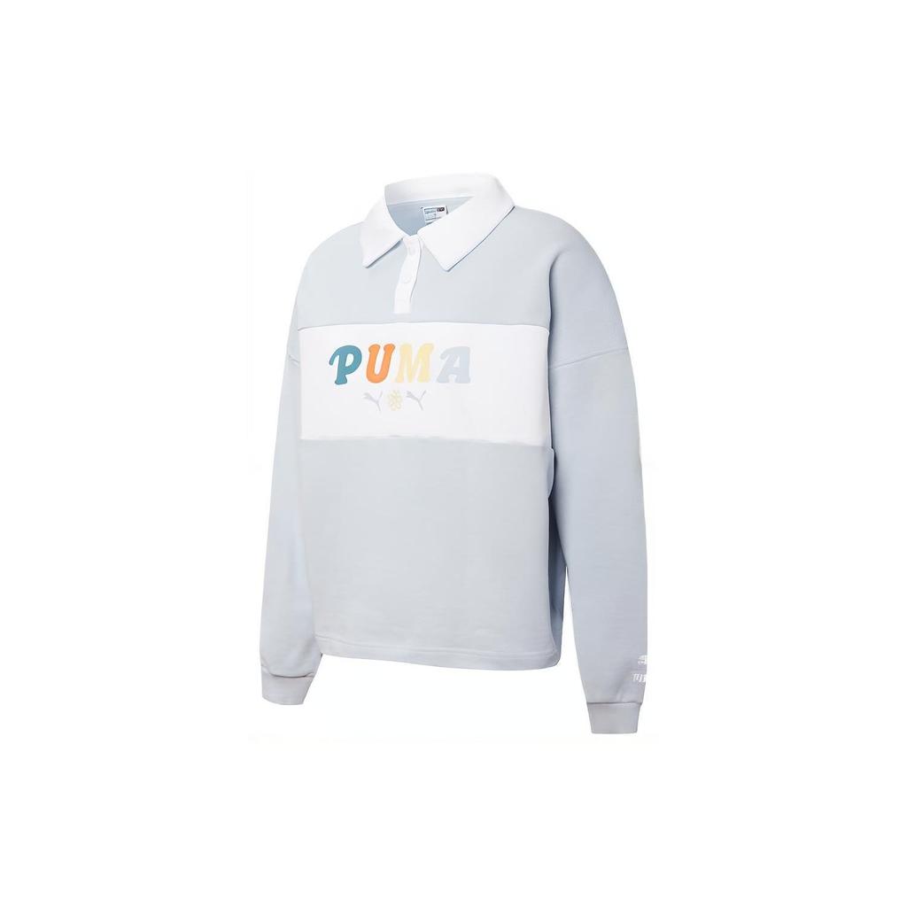 Puma Logo Print Color Block Long Sleeve Polo Shirt Women Tops Ice-Blue 536093-21