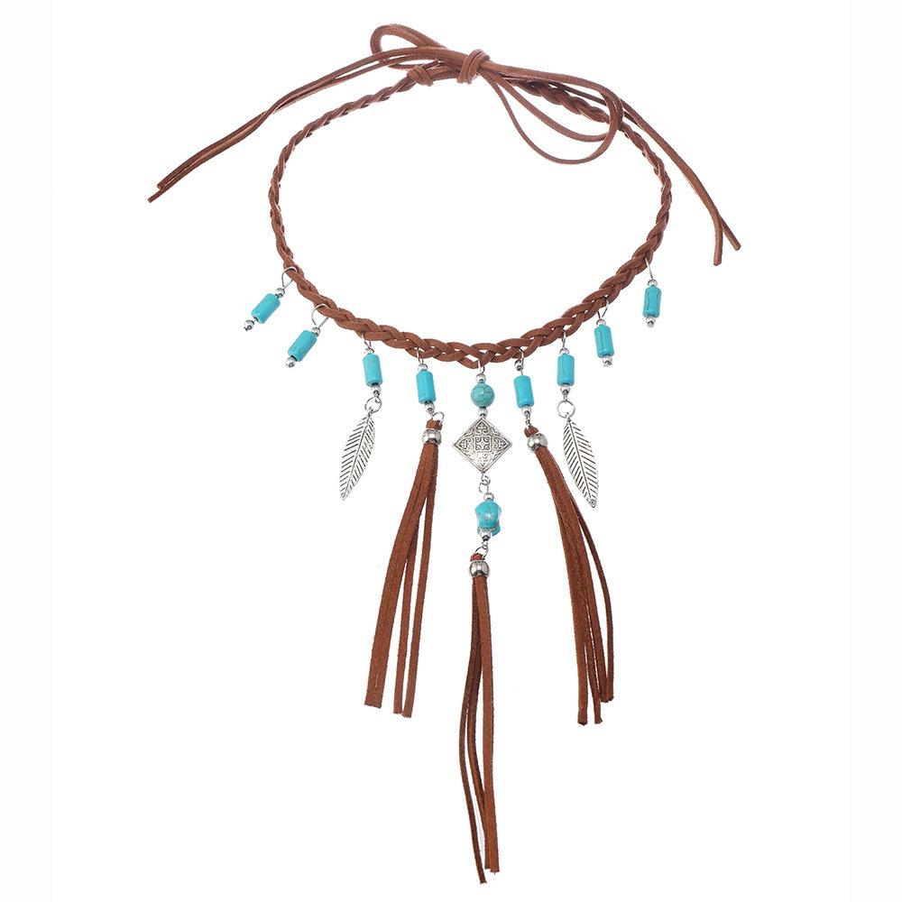 Ethnic Style Turquoise Stone Necklace Woven Rope Bohemian Necklace Trendy Leaf Tassel Choker  Gift