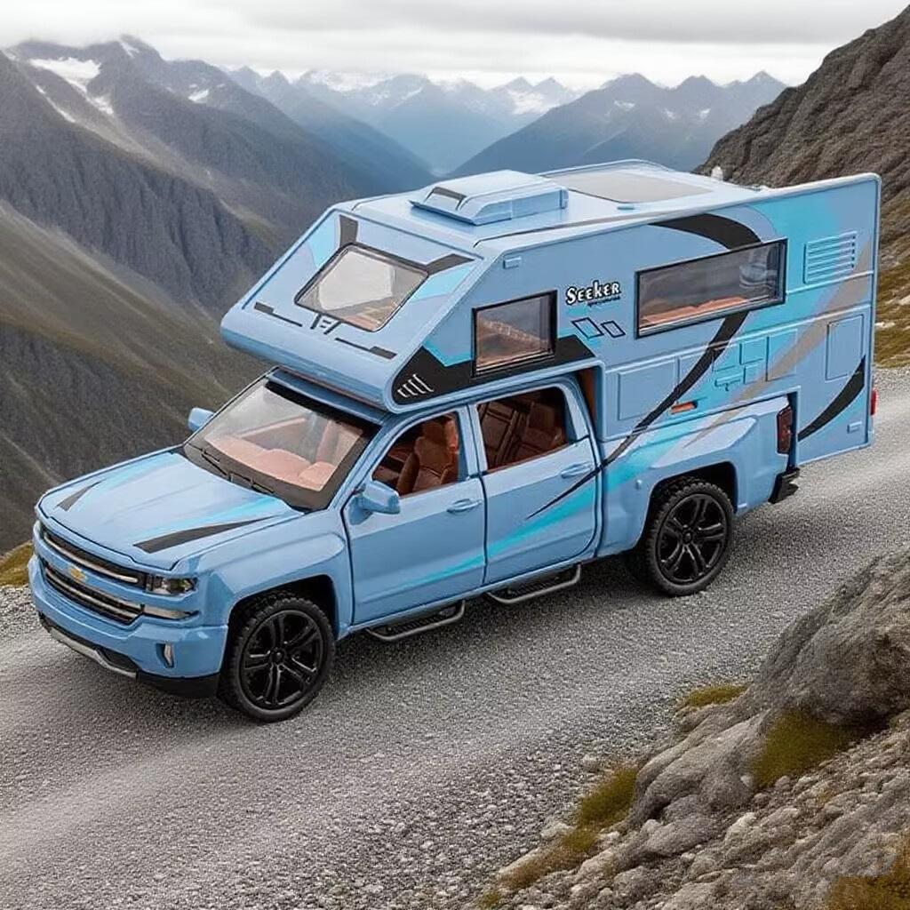 1/32 Пикап Silverado RV Модель автомобиля для отдыха Литой Кемпер Фургон Автодом Туристические транспортные средства Модель автомобиля Звук Свет Детская игрушка Подарок