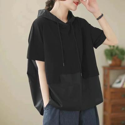 DIMANAF 2025 Летняя футболка с капюшоном Толстовки Пуловеры Лоскутные топы Женские свободные повседневные желтые однотонные хлопковые