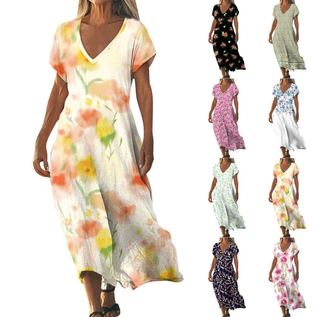 Summer Dress Women's Long Boho Beach Dress Elegant Maxi Dress V-Neck Short Sleeve Summer Tunic Dress Light Airy