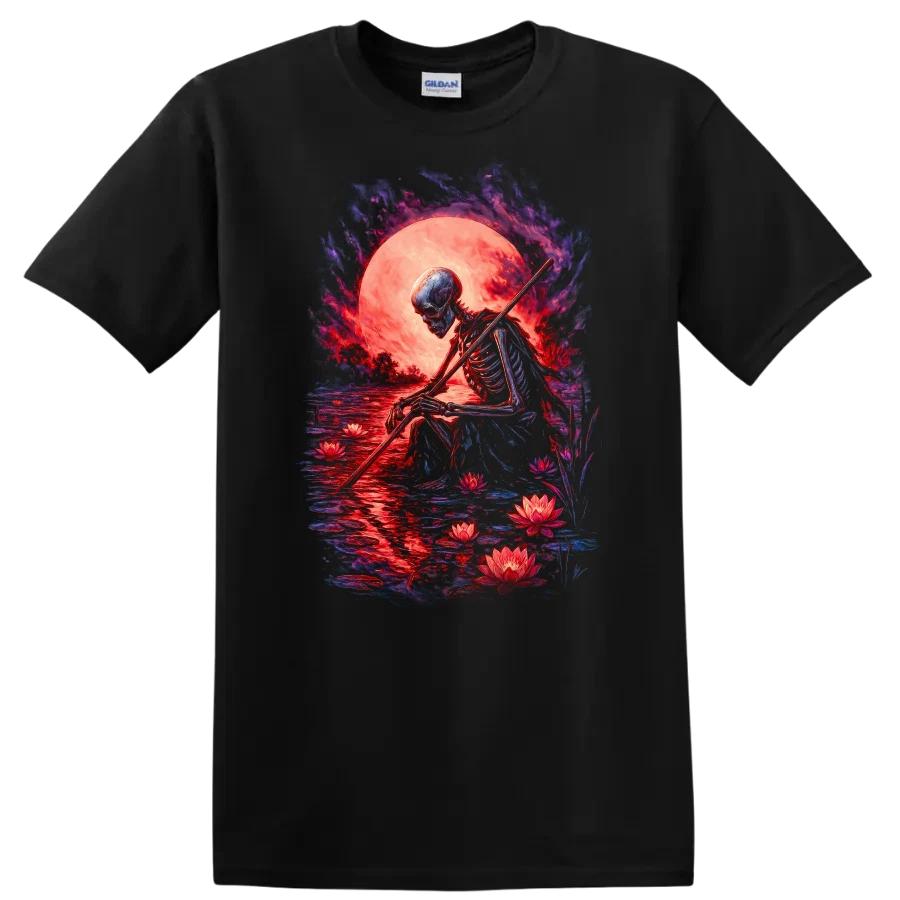 Skeleton Sitting w/ Lotus Flowers Moonlight Art T Shirt Cool Graphic Tee