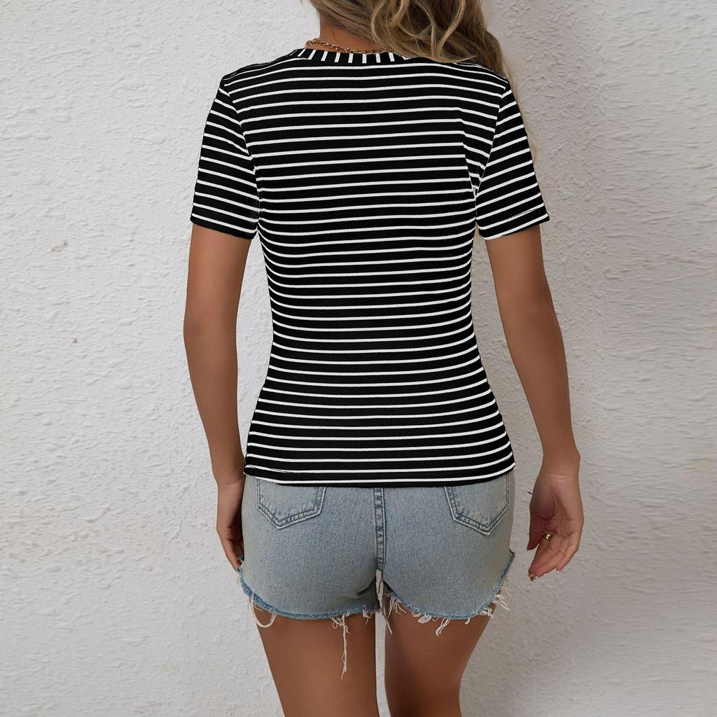 Women's Fashion Stripe V Neck Short Sleeved Pullover Casual T-shirt Top