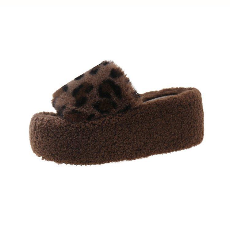 New Sexy Leopard Print One-word Fluffy Slippers Autumn and Winter New Thick-bottomed Open-toed Warm Plush Cotton Slippers Women