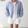 INCERUN Men Turn-down Collar Long Sleeve Zipper Up Striped Cropped Thin Short Coats