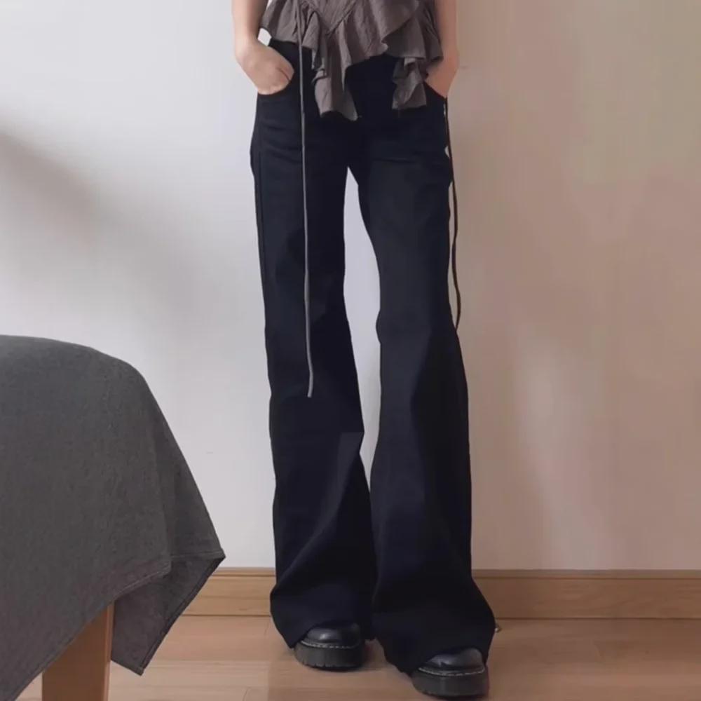 Женские широкие расклешенные джинсы большого размера черного цвета с заниженной талией - американский стиль, ранняя осень