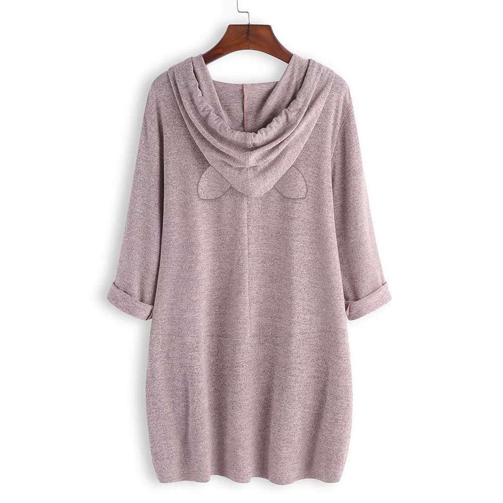 Женская повседневная блузка больших размеров с кошачьими ушками, капюшоном и длинными рукавами, карманом, нерегулярной блузкой