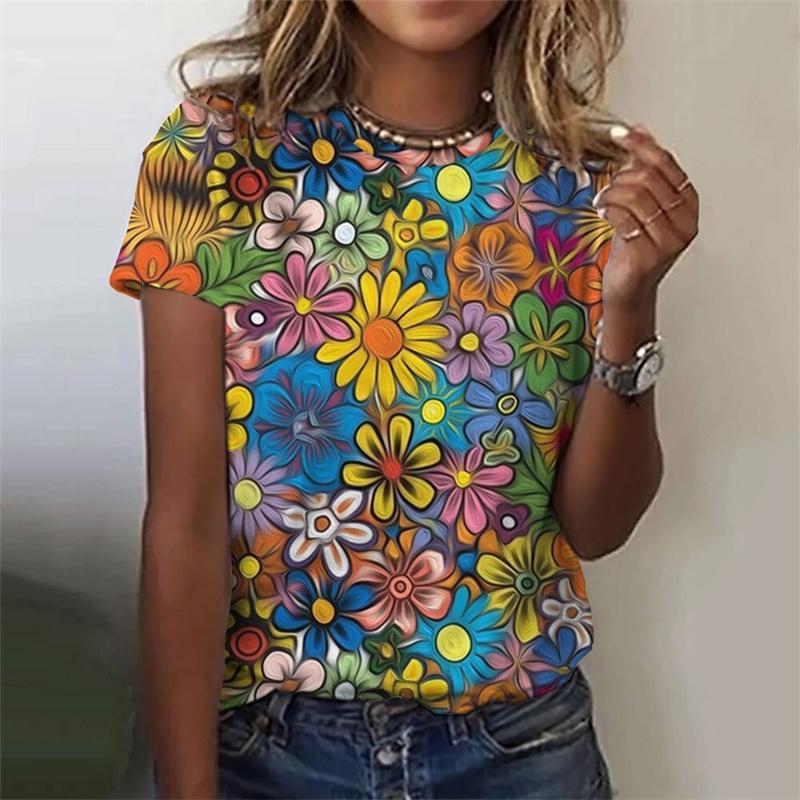 3D Printed Flower T Shirt For Women Floral Graphic Short Sleeves Summer Fashion Street O-Neck Tees Tops Loose Oversize T-Shirts