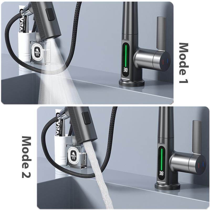Температура водопада, цифровой дисплей, смеситель для раковины, подъемный вниз по струе, распылитель, смеситель для раковины горячей и холодной воды, смеситель для мытья для ванной комнаты