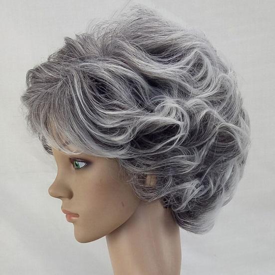 Short Wavy Curly Wigs with Bangs Natural Look High Temperature Silk Hair Wigs Long-Lasting Wear Middle-aged Women Style Fashion Fluffy Silver