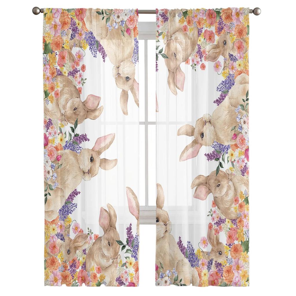 Пасхальные цветы кролика акварельные шифоновые прозрачные шторы для гостиной украшения дома оконная вуаль тюлевые шторы