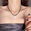 Women's Black Leather Cord Necklace with Beaded Star & Titanium Steel Clavicle Chain