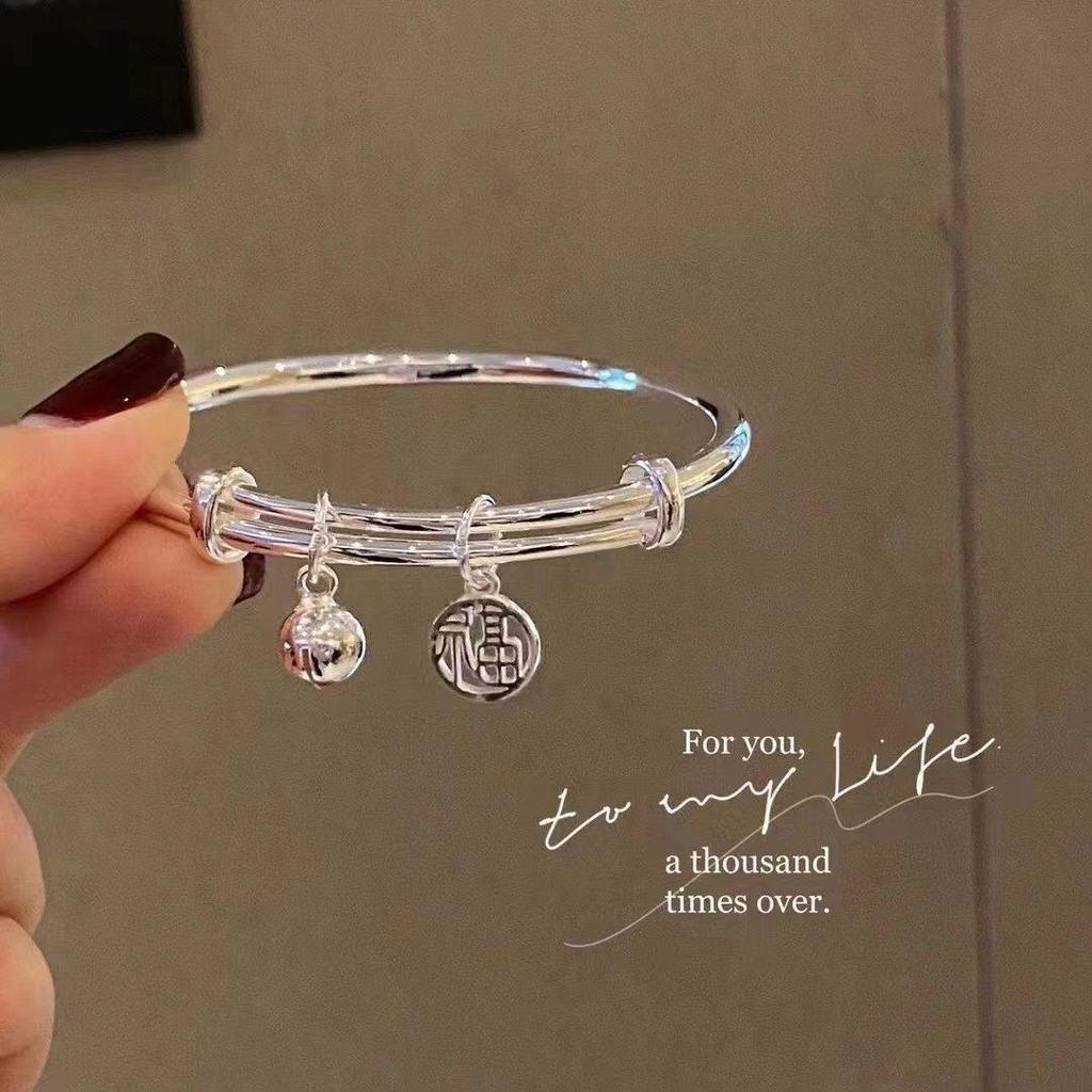 999.9 Pure Silver Bangle - Women's Sterling Silver Bracelet, Qixi Valentine's Day Gift for Wife or Girlfriend