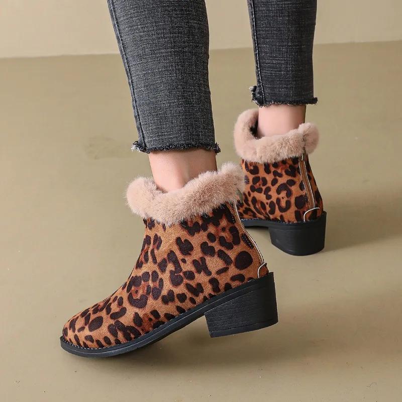 Женская обувь 2024, модные женские ботинки с леопардовым принтом, новые повседневные ботинки на молнии сзади, женские пикантные теплые ботильоны на квадратном каблуке