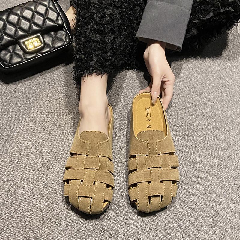 Baotou Half Slippers Women's Summer Outer Wear 2025 New Retro Woven Hollow Breathable Comfortable Flat Bottom Lazy Sandals
