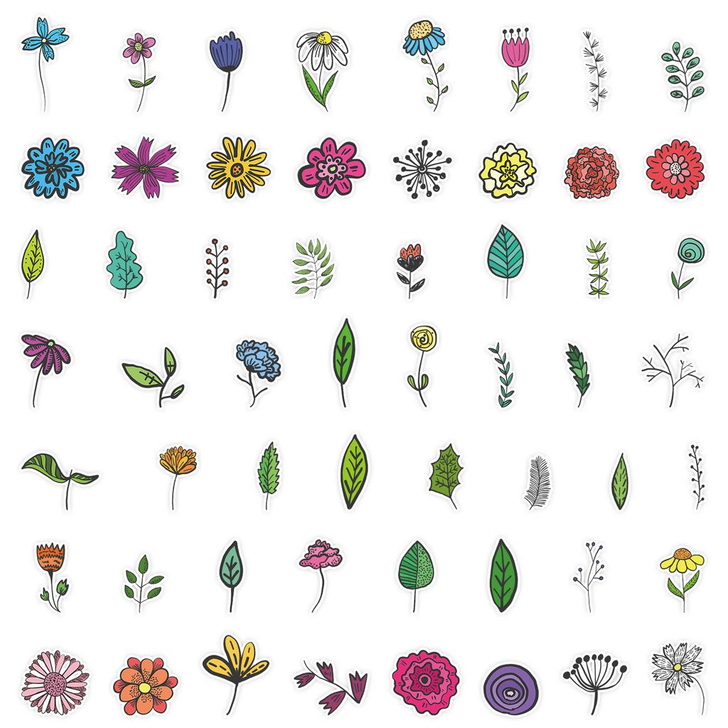 50 Leaves and Flowers Doodle Stickers Suitcase Car Notebook Refrigerator Water Cup Waterproof Decorative Stickers
