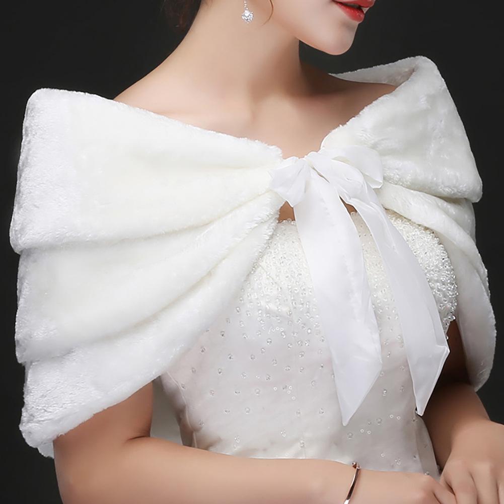 Women White Faux Fur Bridal Wrap Stole Shawl Wedding Artificial Embellishment Winter Jacket Coat