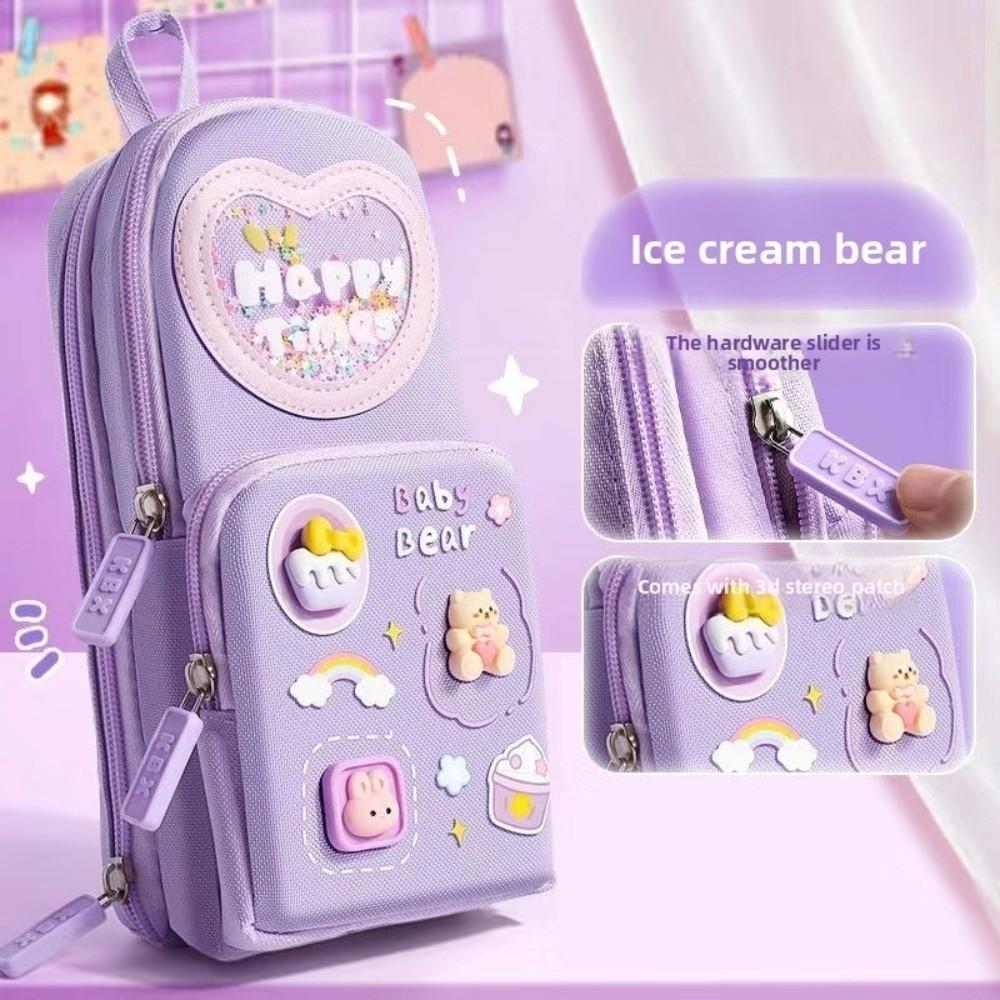 Cute 3 Layers Pencil Case 6 Pockets Organizer Storage Bag Stationery Bag Cartoon Pen Box Girls