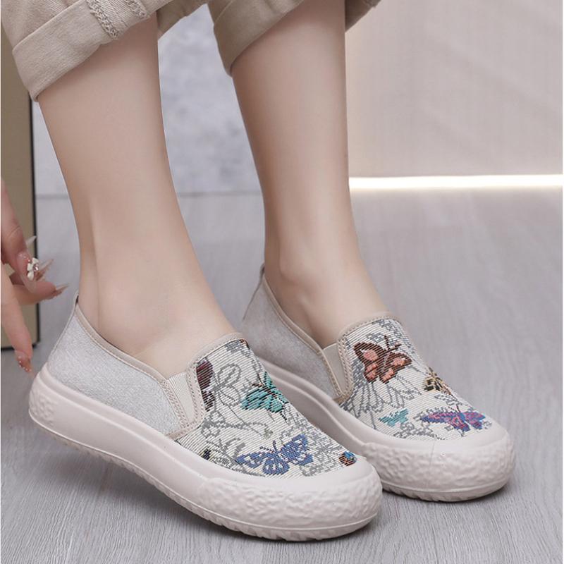 Мода 2024 года, весна и осень, новые вышитые туфли, парусиновые туфли для отдыха, в этническом стиле, мягкие туфли на плоской подошве с одним шагом