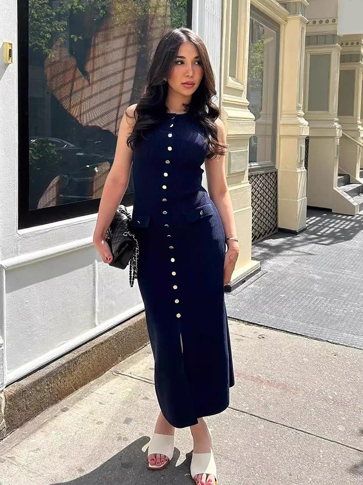Knitted Sleeveless Long Dresses Women O Neck Single Breasted Fake Pockets Decoration Split Party Dress Autumn Beach Robe