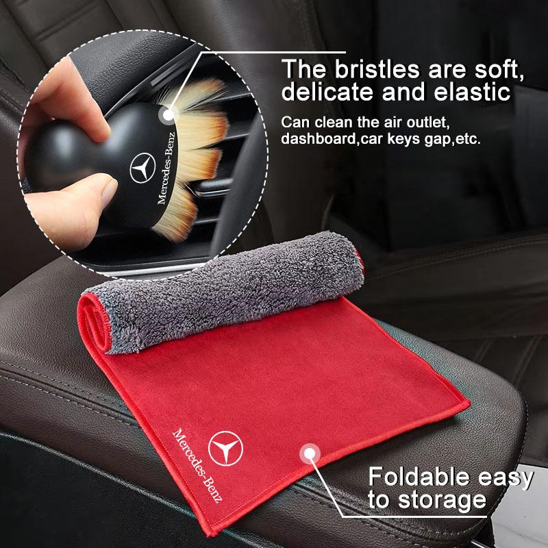 FA91Set Car Towels Cleaning Drying Cloth with Car Cleaning brush Stickers For Mercedes Benz C200 C300 A160 180 B200 W108 W124 W126