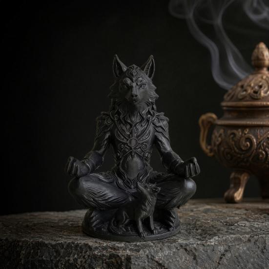 3D-печатная статуэтка медитирующего оборотня в готическом стиле Yousheng, скульптура Зверя-Воина Дзен на круглой основе, матово-черный фэнтезийный декор для стола, уникальный подарок для