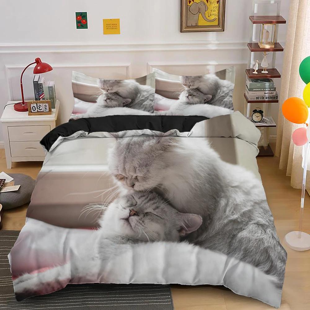 Lovely Pet Cat Bedding Set Cute Kitten Duvet Cover With Pillowcase Single Bed Sets Queen King Size Animal Polyester Quilt Covers
