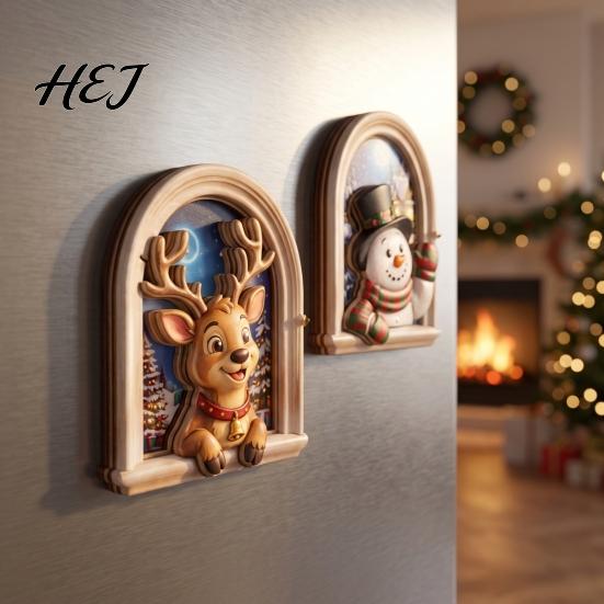 Natural Wood Holiday Accents Arch Wooden Christmas Fridge Magnet Set, Window Frame Gift for Home Magnetic Decor Refrigerator Metal Surface,