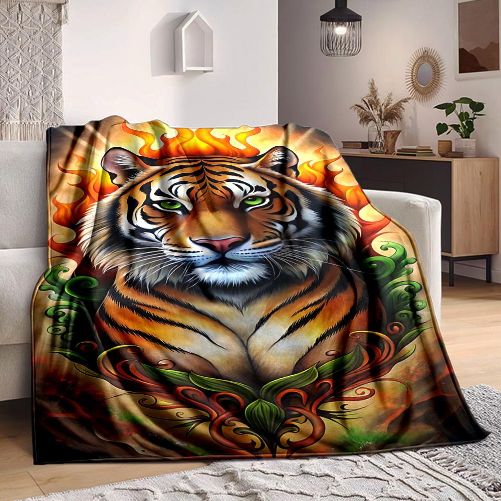 1pc Tiger Flame Design Blanket Lightweight Flannel Blanket Throw Blanket For Sofa, Bed, Travel, Camping, Livingroom, Office, Couch, Chair, And Bed yy2