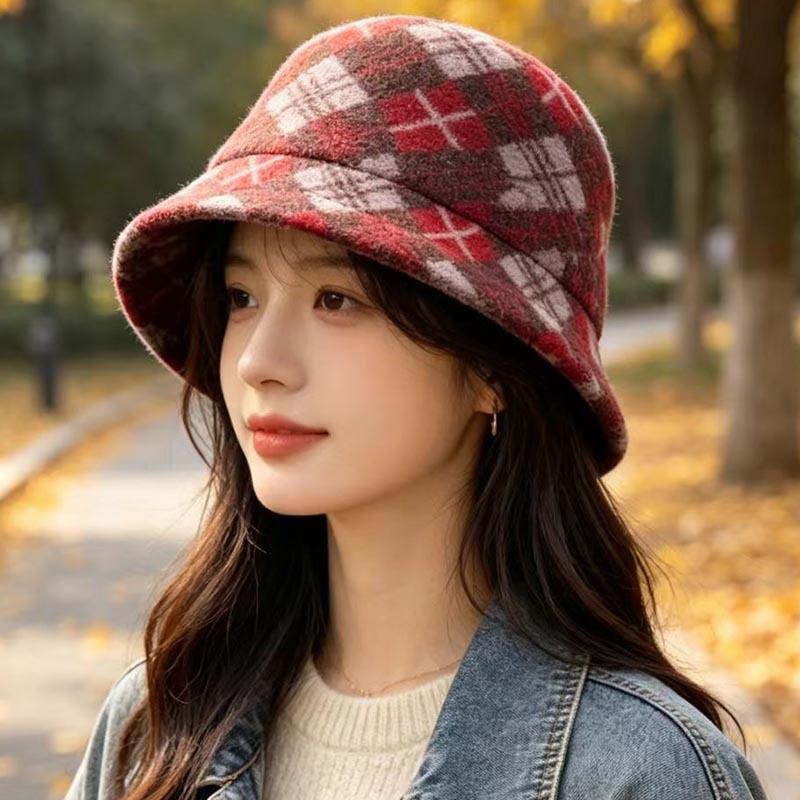Wool plaid hat women's curled edge autumn and winter women's bucket hat top hat short brim modified face temperament thickened thermal hat