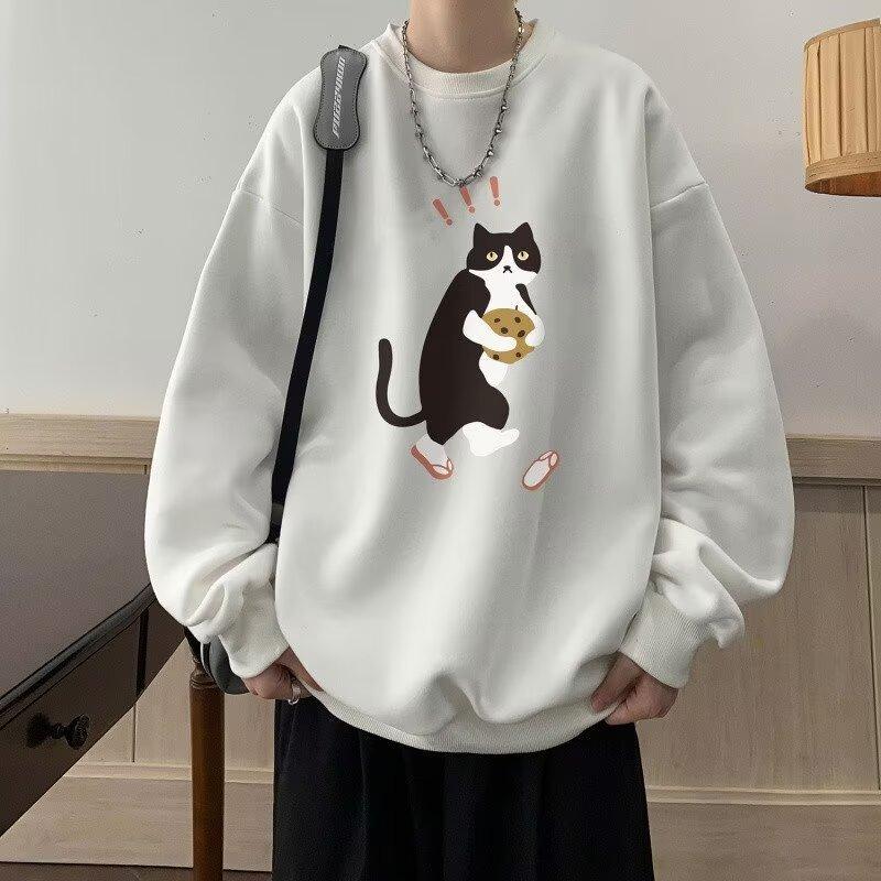 Осенняя мужская свободная толстовка с капюшоном, весенний пуловер большого размера с круглым вырезом, черная толстовка с топом с кошачьим принтом