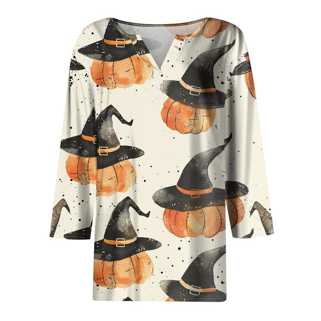 Жен. Футболка Футболка С принтом Пуговицы Рукав 3/4 Повседневные Выходные Мода Классический V-образный вырез Обычный Топ