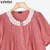 VONDA Women Short Sleeve Plaid Lace Crochet Ruffled Casual Blouse