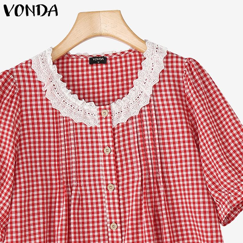 VONDA Women Short Sleeve Plaid Lace Crochet Ruffled Casual Blouse