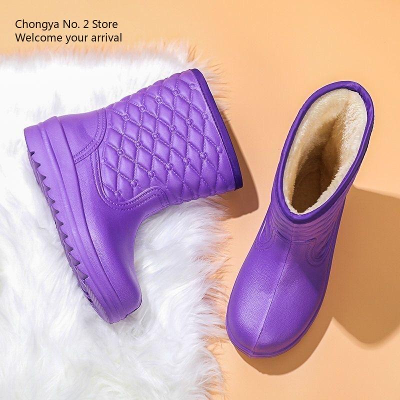 Waterproof Fleece Snow Boots Women's Mid-calf Water Boots Warm Water Boots Women's Rubber Shoes Kitchen Cotton