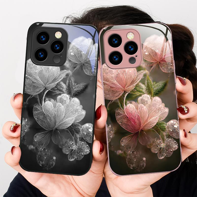 Розовый Хрустальный Цветок Для iPhone 16 E 15 14 13 Plus 12 mini 11 Pro Max XR Xs Max X 7 8 Plus 6 6S 22 Закаленное Стекло Чехол для Телефона