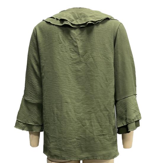 Women Shirt V-Neck 45355 Flying Sleeve Ruffle Stitching Design Solid Color Pullover Tops Loose Fit Casual