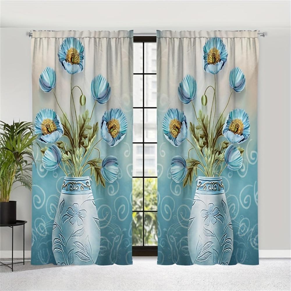 2Pcs Luxury Blue Floral Flower Vase Girl Window Treatment Curtains Blinds For Living Room Kids Bedroom Kitchen Door Home Decor