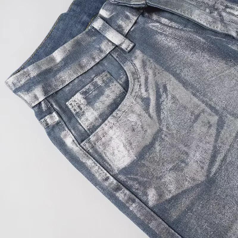 Европейские и американские женские джинсы прямого покроя с высокой талией и яркой серебристой отделкой на осень