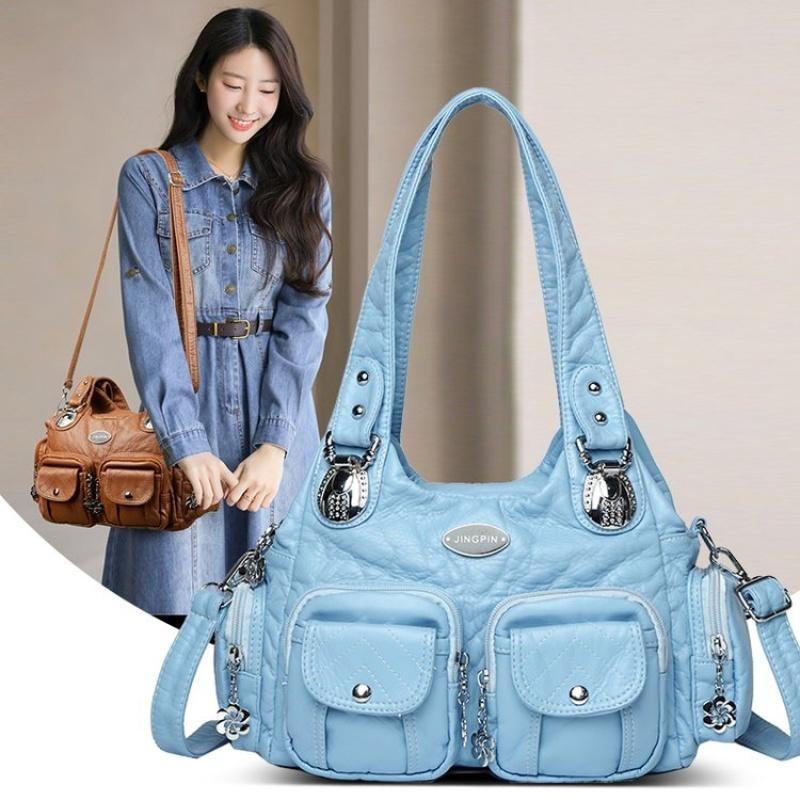 Летняя мода 2025 Синие наплечные сумки для женщин Маленькая сумка-шоппер Однотонная из мягкой кожи Сумка-кроссбоди Дамская дорожная сумка-тоут