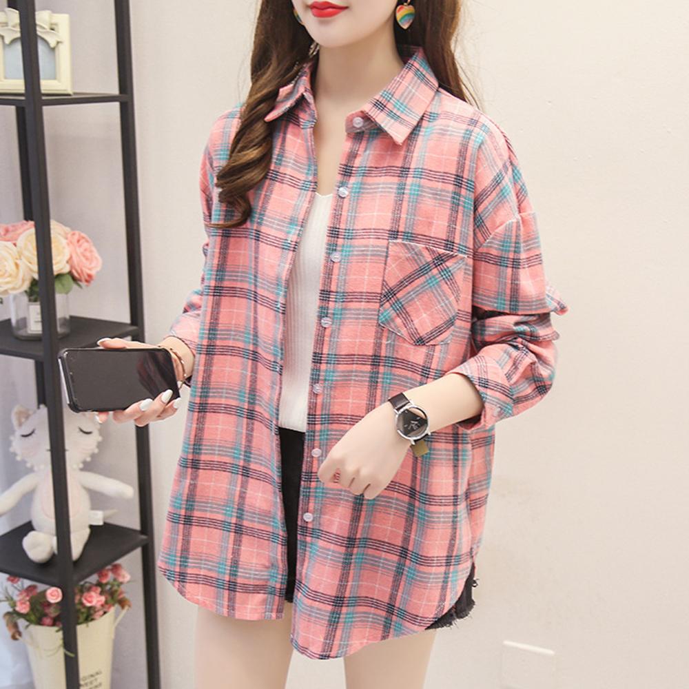 Lattice Print Blouse Women Long Sleeve Turn Down Collar Button T Shirts Tops