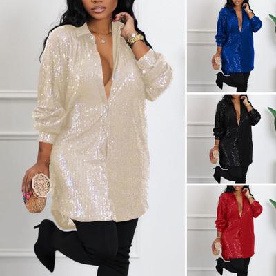 Женское платье-рубашка с блестящими пайетками, однобортный отложной воротник, длинный рукав, свободные пуговицы, повседневный кардиган средней длины, женская блузка, мини-платье