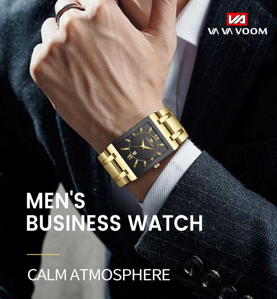 VA VA VOOM Men Watches Fashion Top Brand Luxury White Square Waterproof Quartz Wristwatch Stainless Steel Date Clock Mens Casual Business Watch