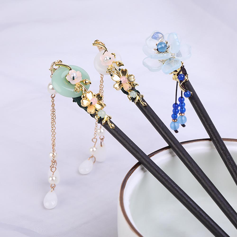 Elegant Disk Hair Hanfu Women Tassel Hair Sticks Hair Accessories Wooden Hair Fork Flower Hairpins