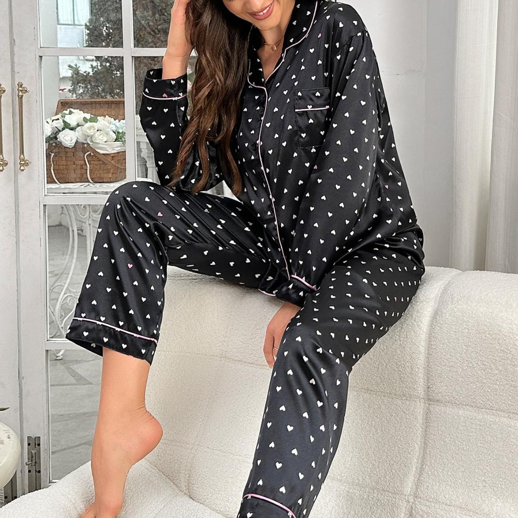 Осенняя пижама с длинным рукавом и принтом любви из 2 предметов для женщин из шелкового атласа, пижамный комплект, пижамный комплект, топы и брюки, домашняя одежда, пижама