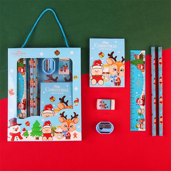 Christmas Stationery Set Cartoon Xmas Pattern Pencil Sharpener Erasers Pencils Kawaii School Stationery Supplies
