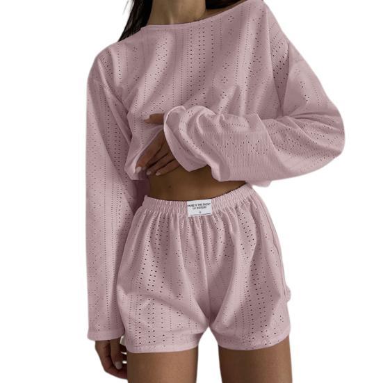 2 шт./компл., женский топ, шорты, наряд с открытой эластичной резинкой на талии, свободные, с длинными рукавами и круглым вырезом, тонкие однотонные дышащие мягкие домашние футболки, комплект с шортами