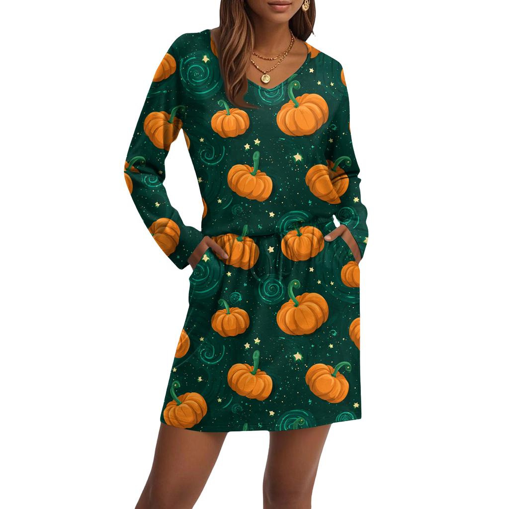 Women's Fashionable V-neck Long Sleeved Drawstring With Pocket Halloween Printed Casual Dress